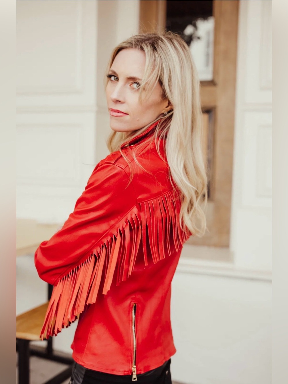 BuddyLove Francesca Fringe Vegan Leather Jacket in Vbrant Red